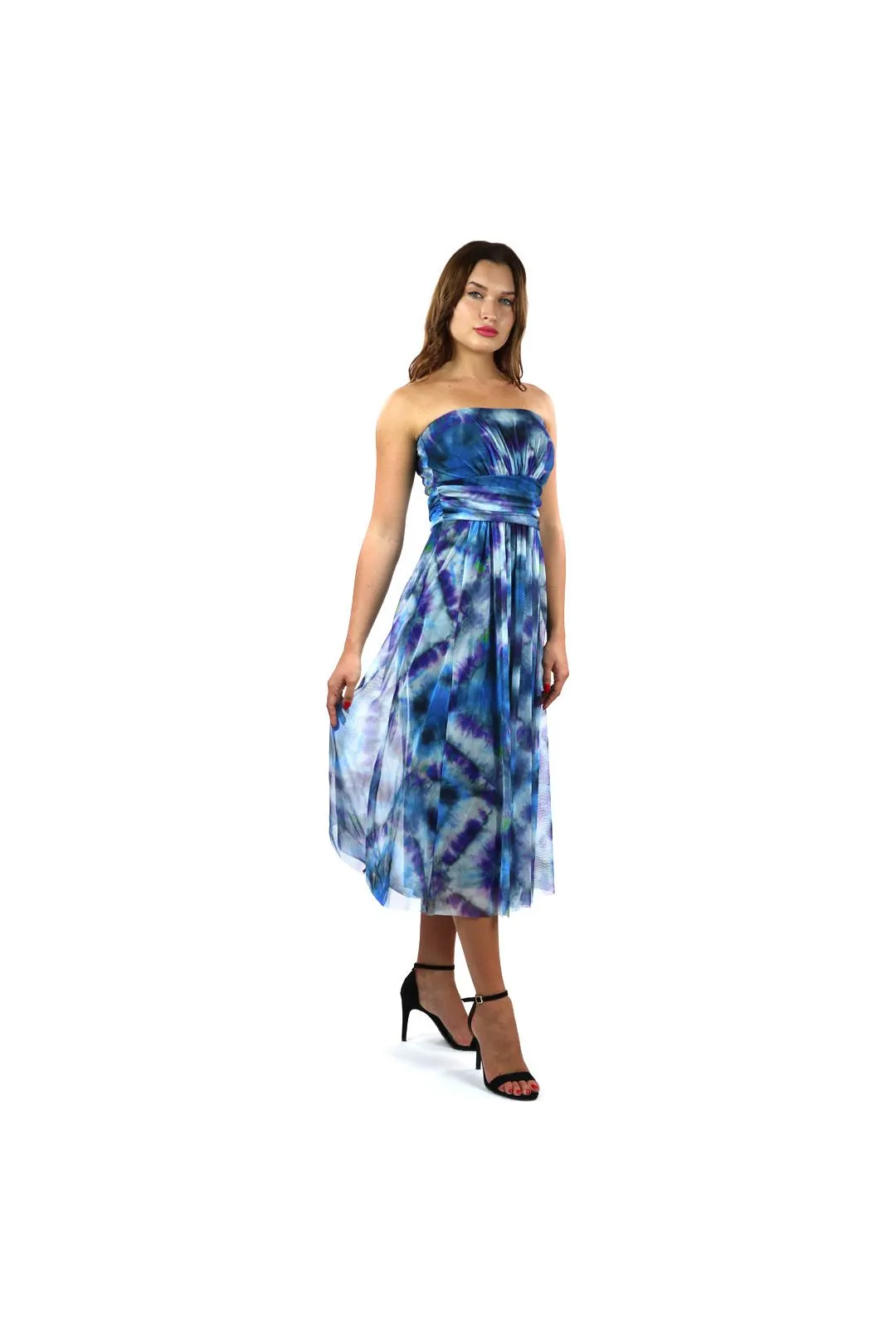 MALI Strapless Ruched Cumberband Bodice Midi Print Dress