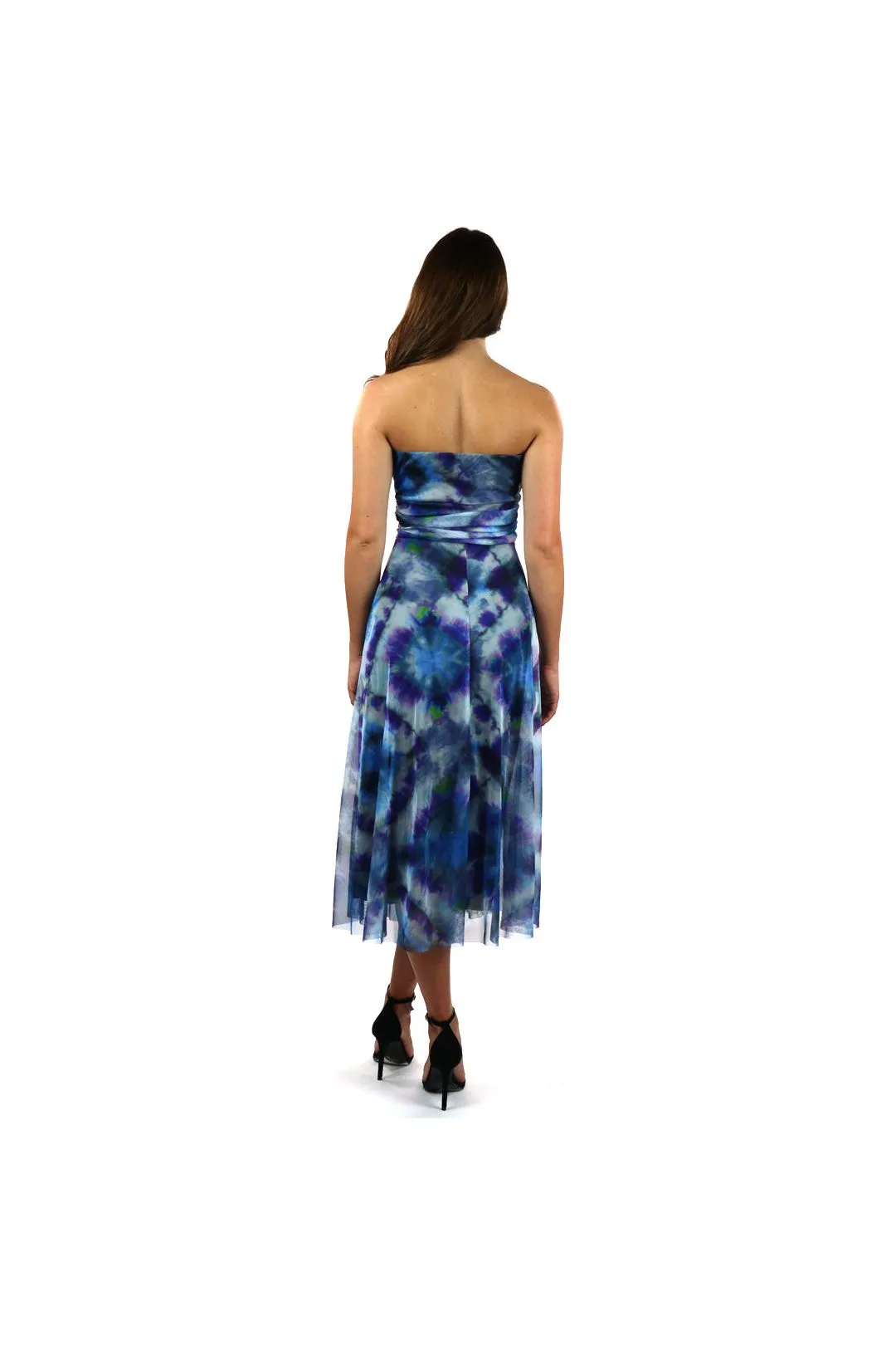 MALI Strapless Ruched Cumberband Bodice Midi Print Dress