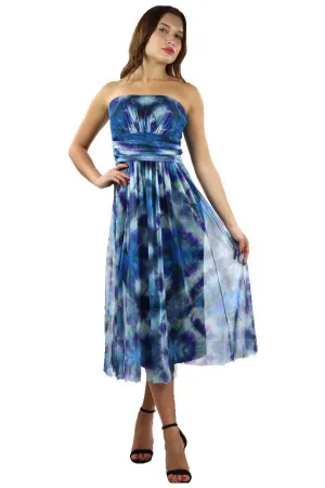 MALI Strapless Ruched Cumberband Bodice Midi Print Dress