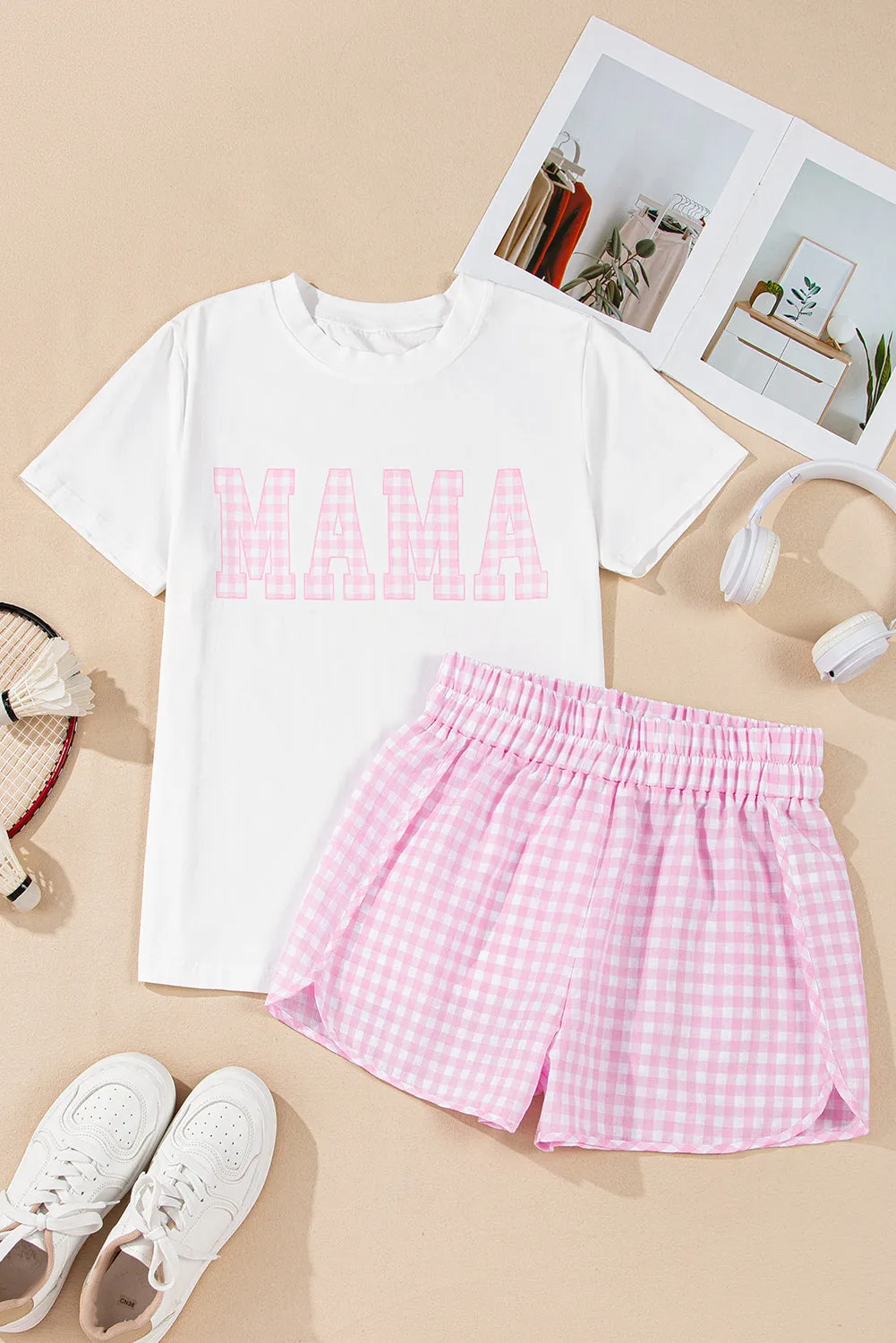 MAMA Printed Tee and Plaid Shorts Set