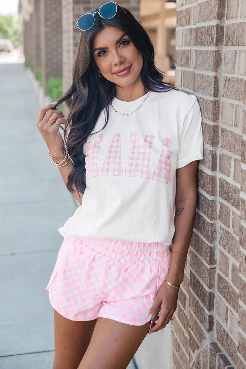 MAMA Printed Tee and Plaid Shorts Set