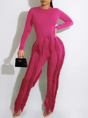 Mangocouture Solid Bodysuit & Fringe Pants Set