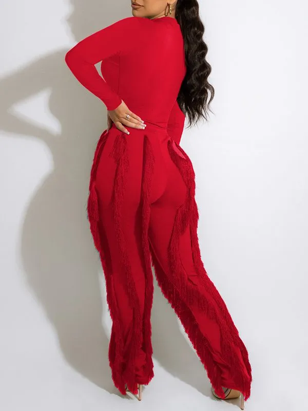Mangocouture Solid Bodysuit & Fringe Pants Set