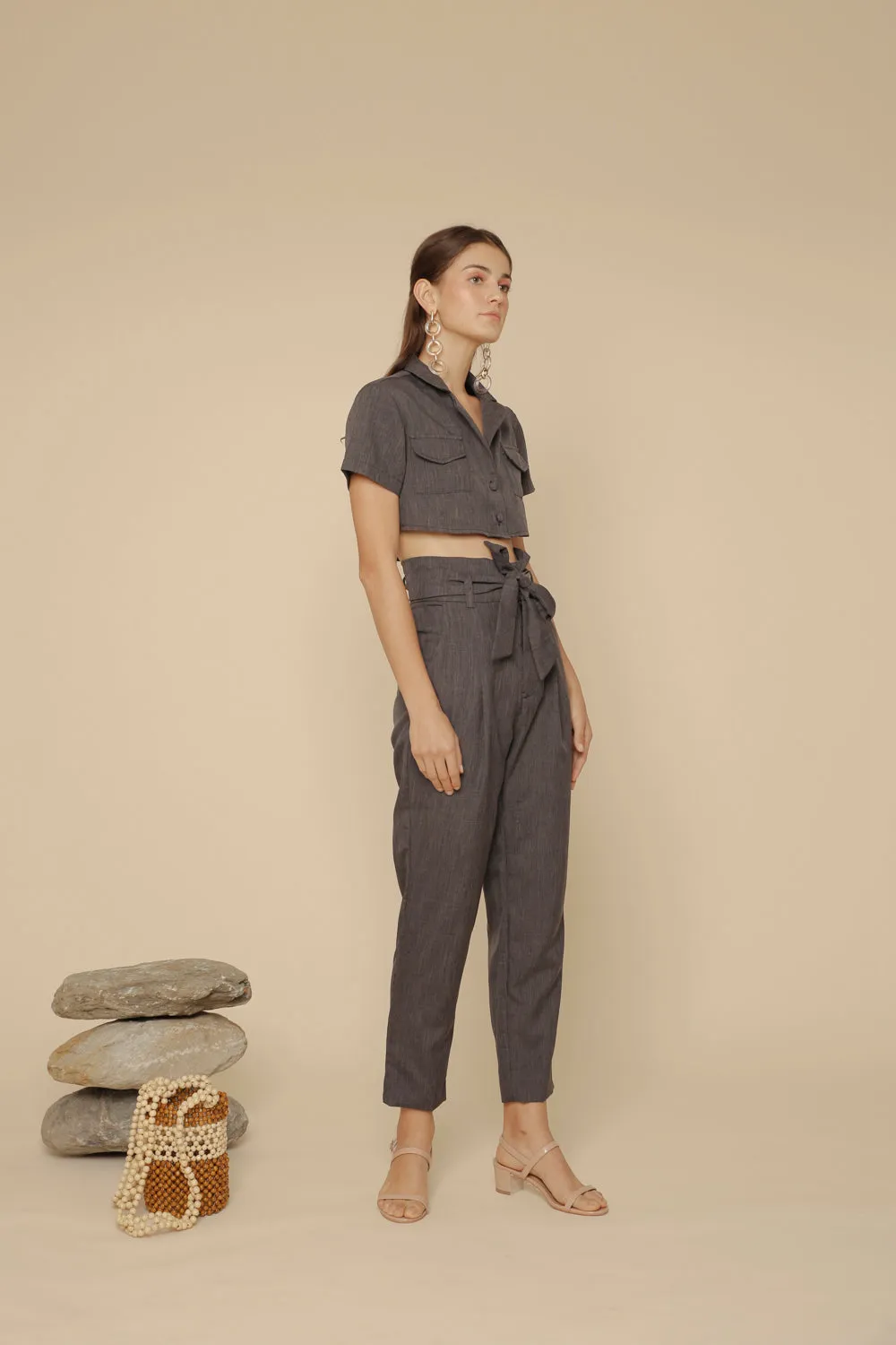 MATEO PANTS High Waist Pleated Trouser with Waist Tie (Black Chambray)