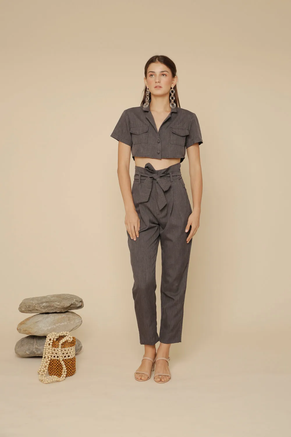 MATEO PANTS High Waist Pleated Trouser with Waist Tie (Black Chambray)