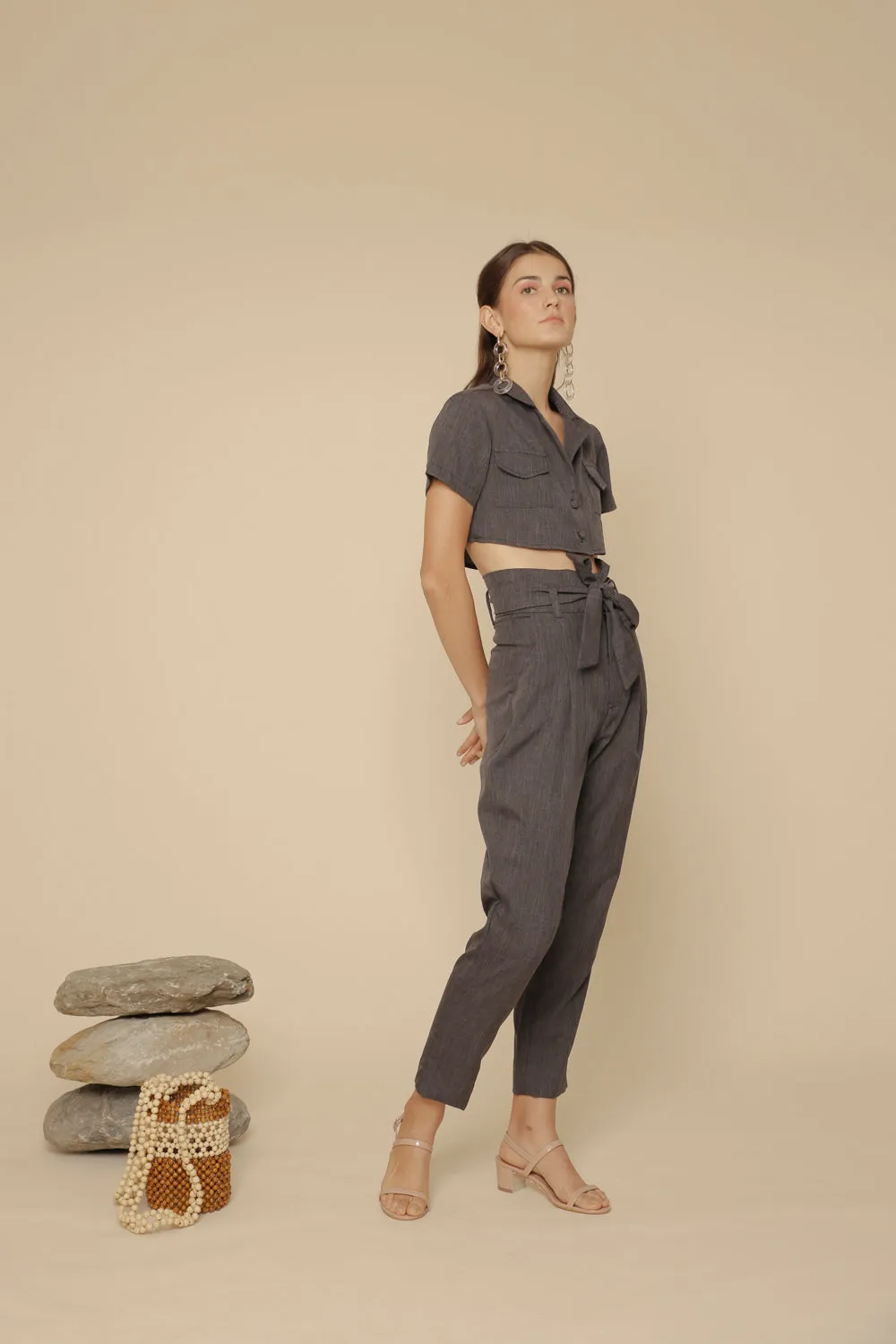 MATEO PANTS High Waist Pleated Trouser with Waist Tie (Black Chambray)