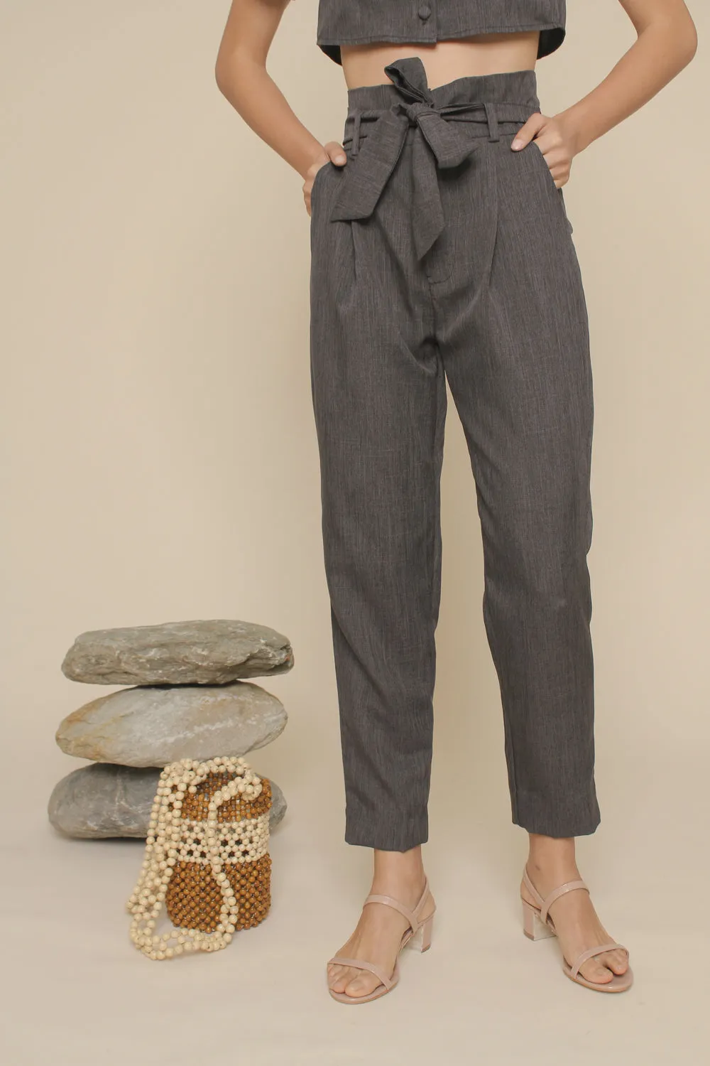 MATEO PANTS High Waist Pleated Trouser with Waist Tie (Black Chambray)