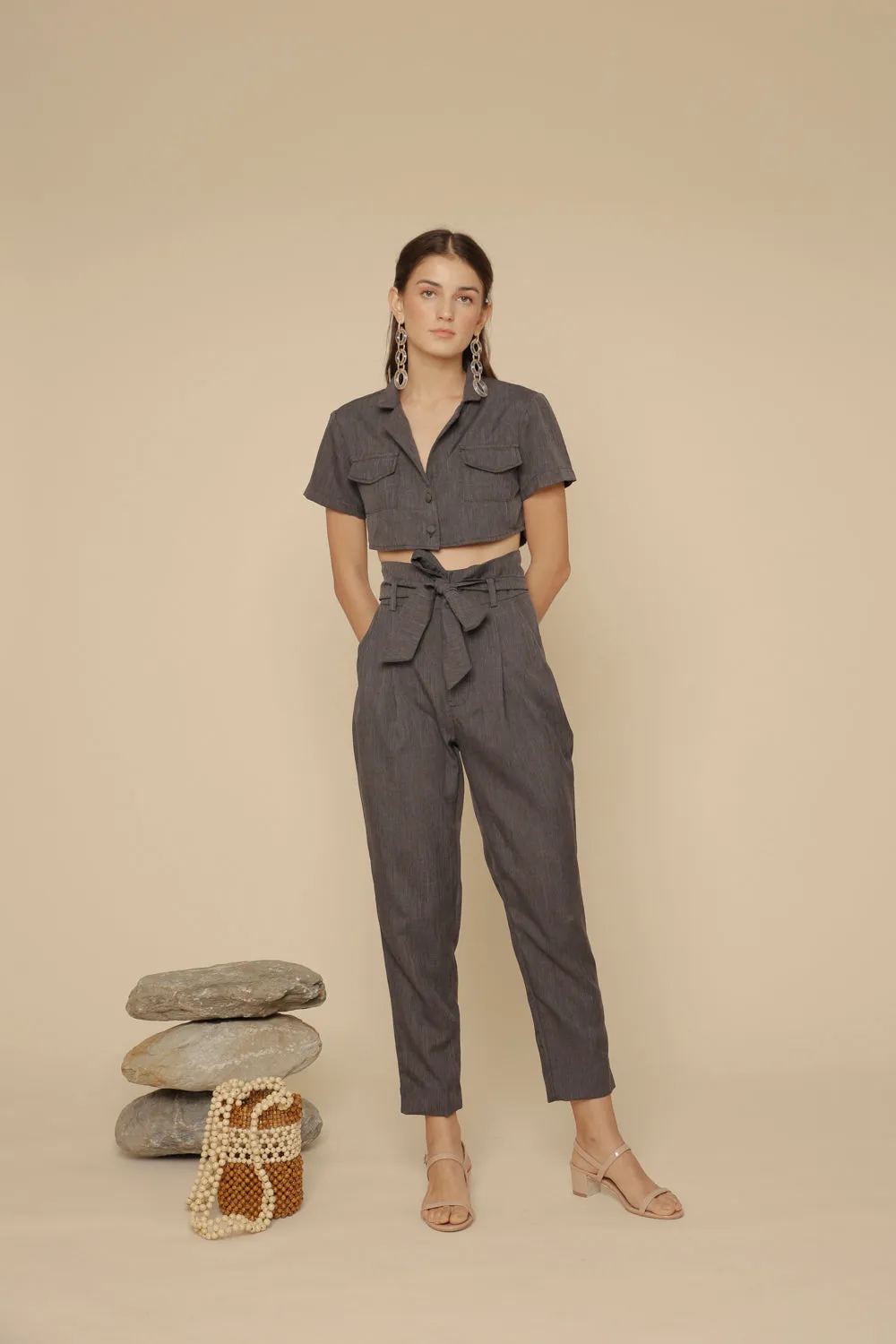 MATEO PANTS High Waist Pleated Trouser with Waist Tie (Black Chambray)