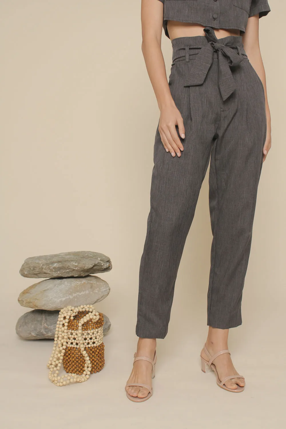 MATEO PANTS High Waist Pleated Trouser with Waist Tie (Black Chambray)