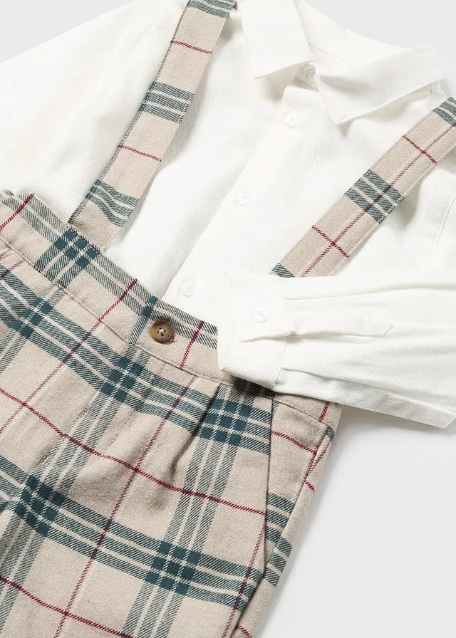 Mayoral 2251 Long Sleeve Shirt, Bottle Green Plaid Shorts with Braces and 2310 Jumper In Stock Now