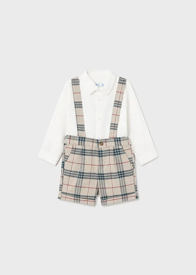 Mayoral 2251 Long Sleeve Shirt, Bottle Green Plaid Shorts with Braces and 2310 Jumper In Stock Now