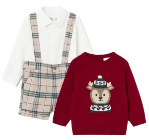 Mayoral 2251 Long Sleeve Shirt, Bottle Green Plaid Shorts with Braces and 2310 Jumper In Stock Now