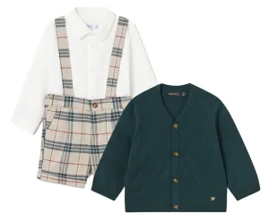 Mayoral 2251 Long Sleeve Shirt, Bottle Green Plaid Shorts with Braces and 2318 Cardigan In Stock Now