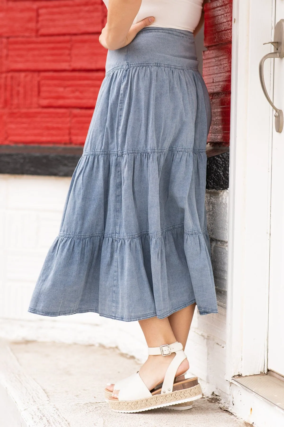 Medium Wash Tiered Denim Midi Skirt