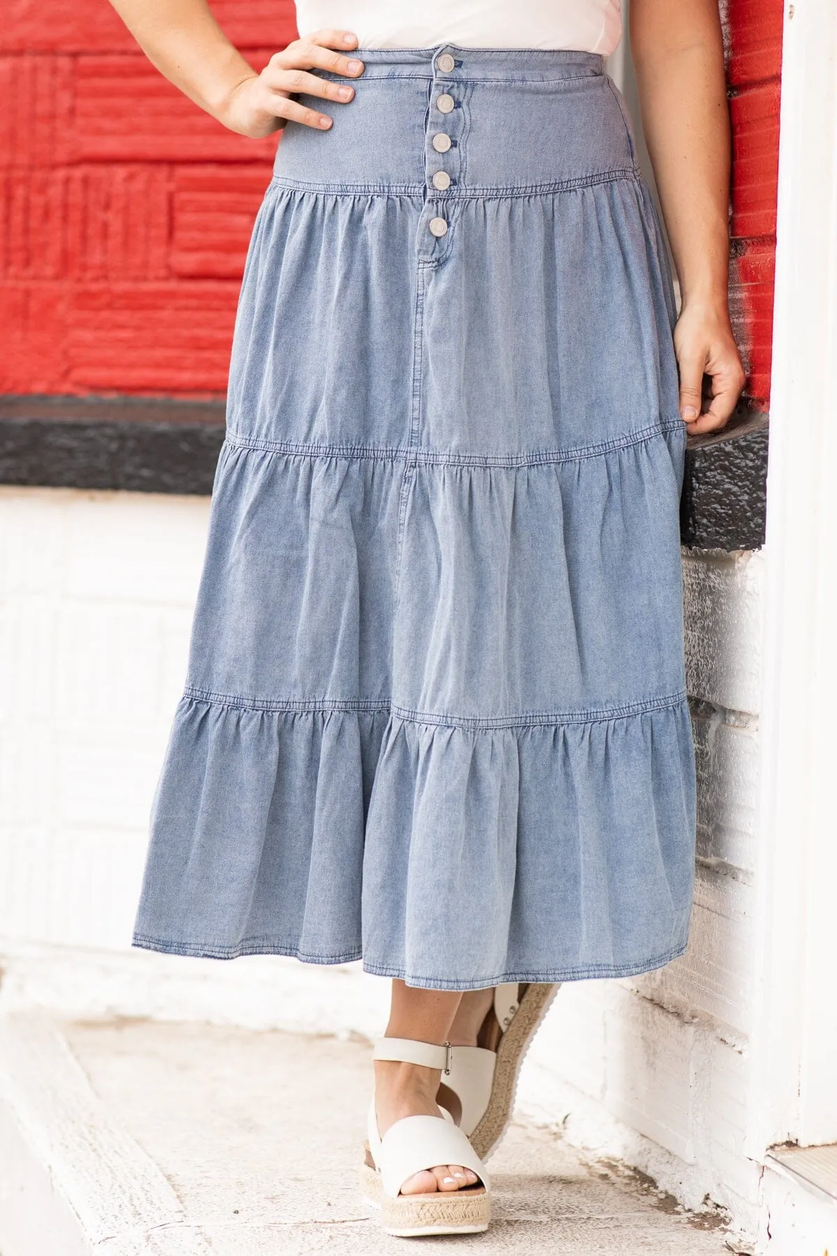 Medium Wash Tiered Denim Midi Skirt