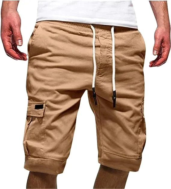 Men Casual Chino Cargo Shorts Elastic Waist Drawstring 6 Pockets Summer Trousers