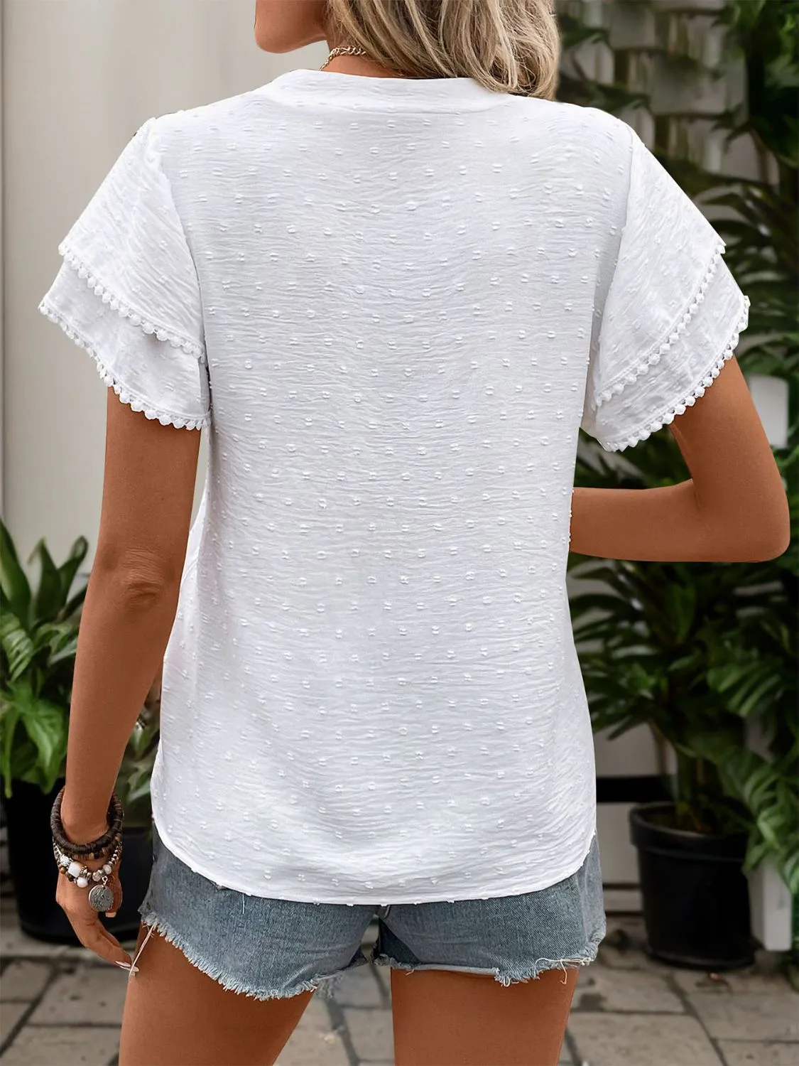 Mera Swiss Dot Notched Short Sleeve Blouse