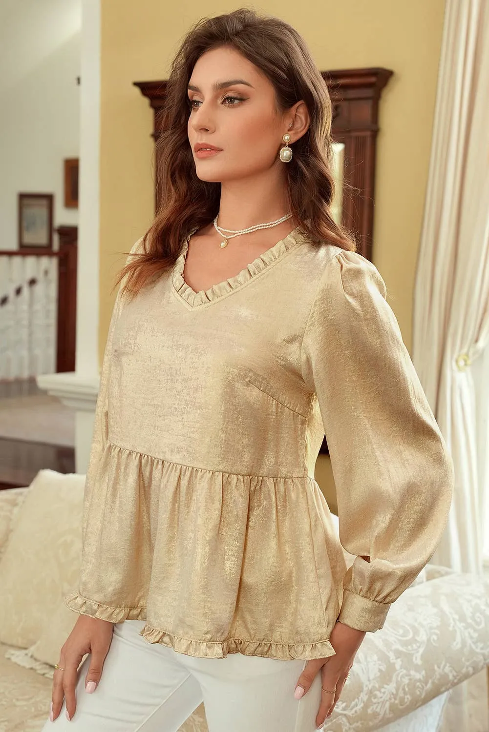 Metallic Frilled V Neck Puff Sleeve Babydoll Blouse: Gold 1 the Woman