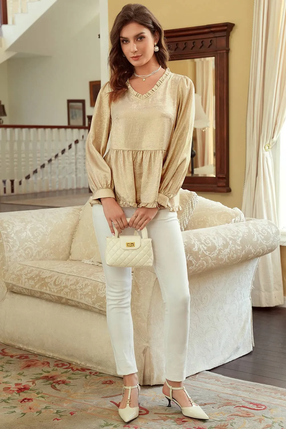 Metallic Frilled V Neck Puff Sleeve Babydoll Blouse: Gold 1 the Woman