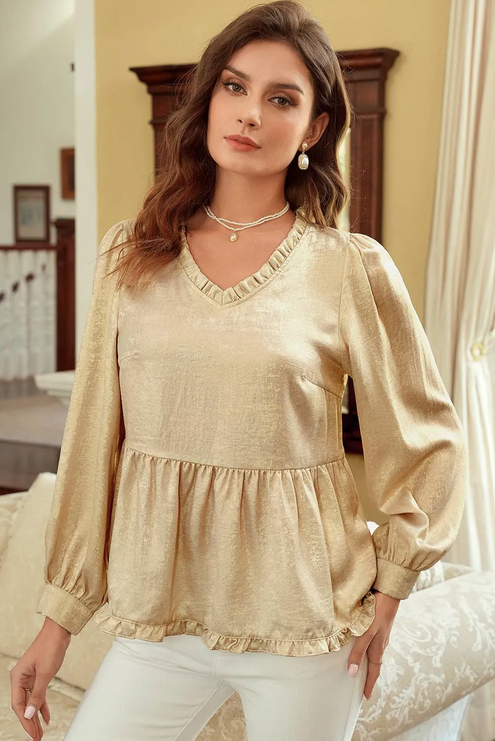 Metallic Frilled V Neck Puff Sleeve Babydoll Blouse: Gold 1 the Woman
