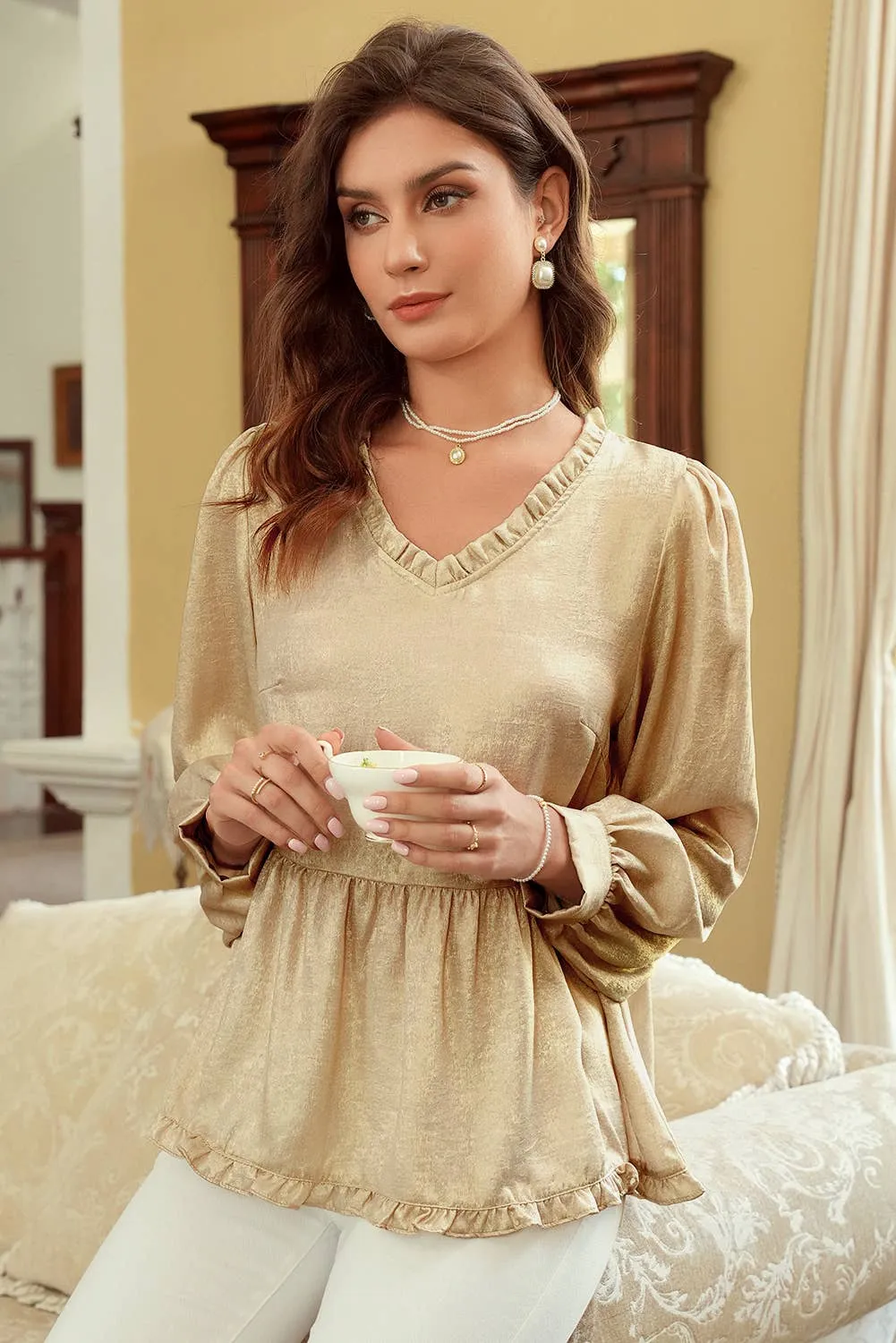 Metallic Frilled V Neck Puff Sleeve Babydoll Blouse: Gold 1 the Woman