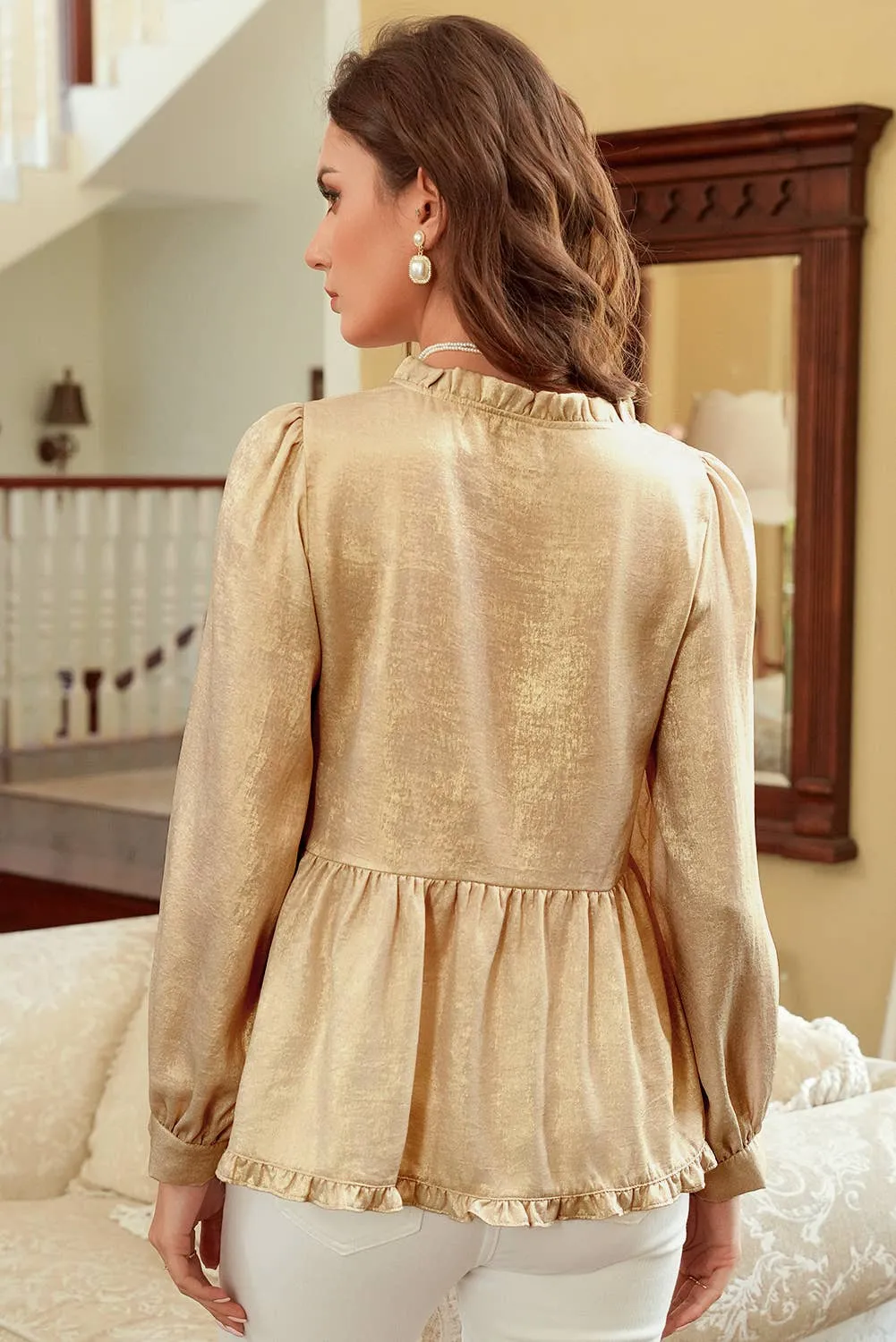Metallic Frilled V Neck Puff Sleeve Babydoll Blouse: Gold 1 the Woman