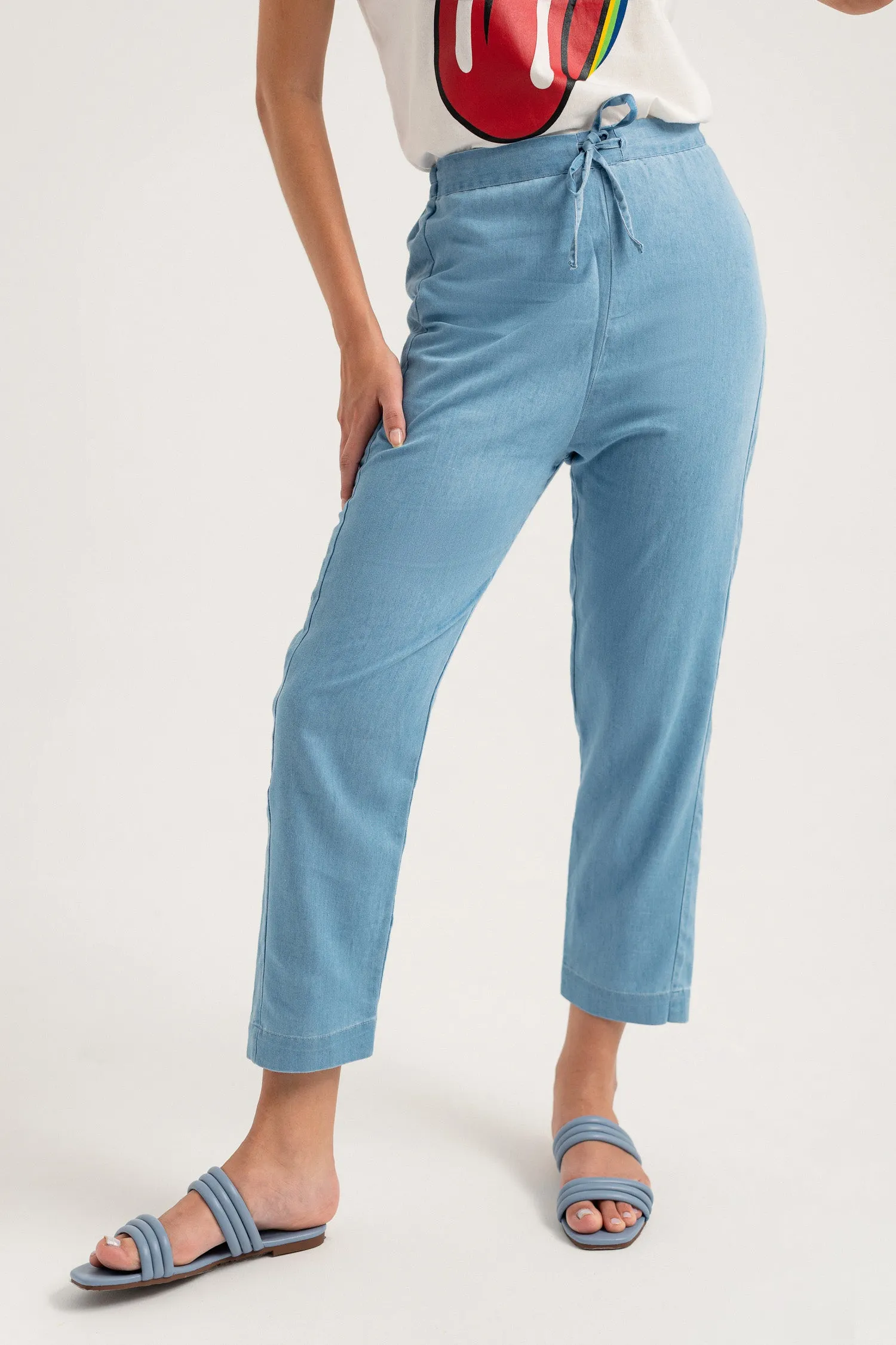 Mid Blue Chambray Straight Fit Pants
