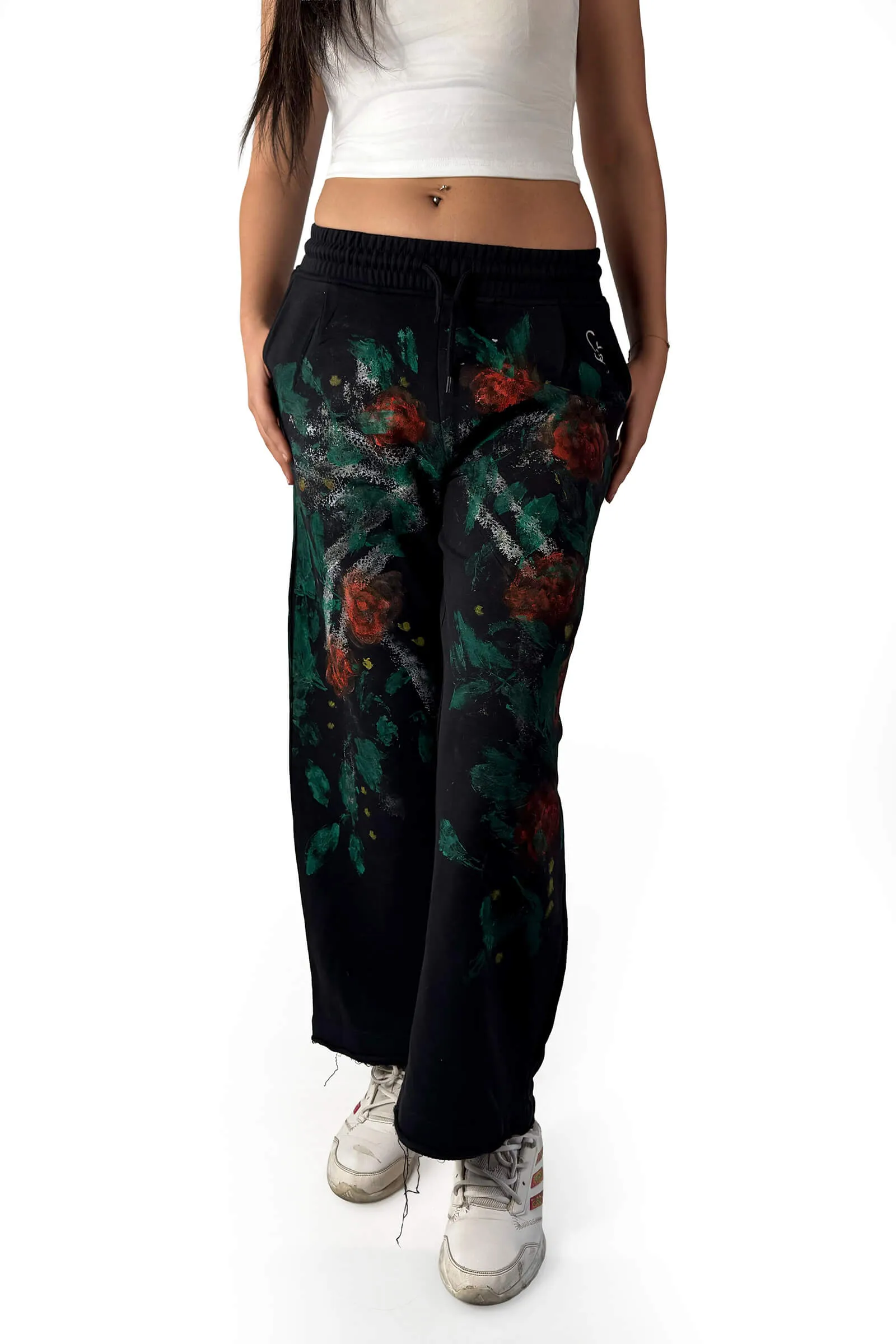 Midnight Rose Hand-Painted Wide-Leg Pants