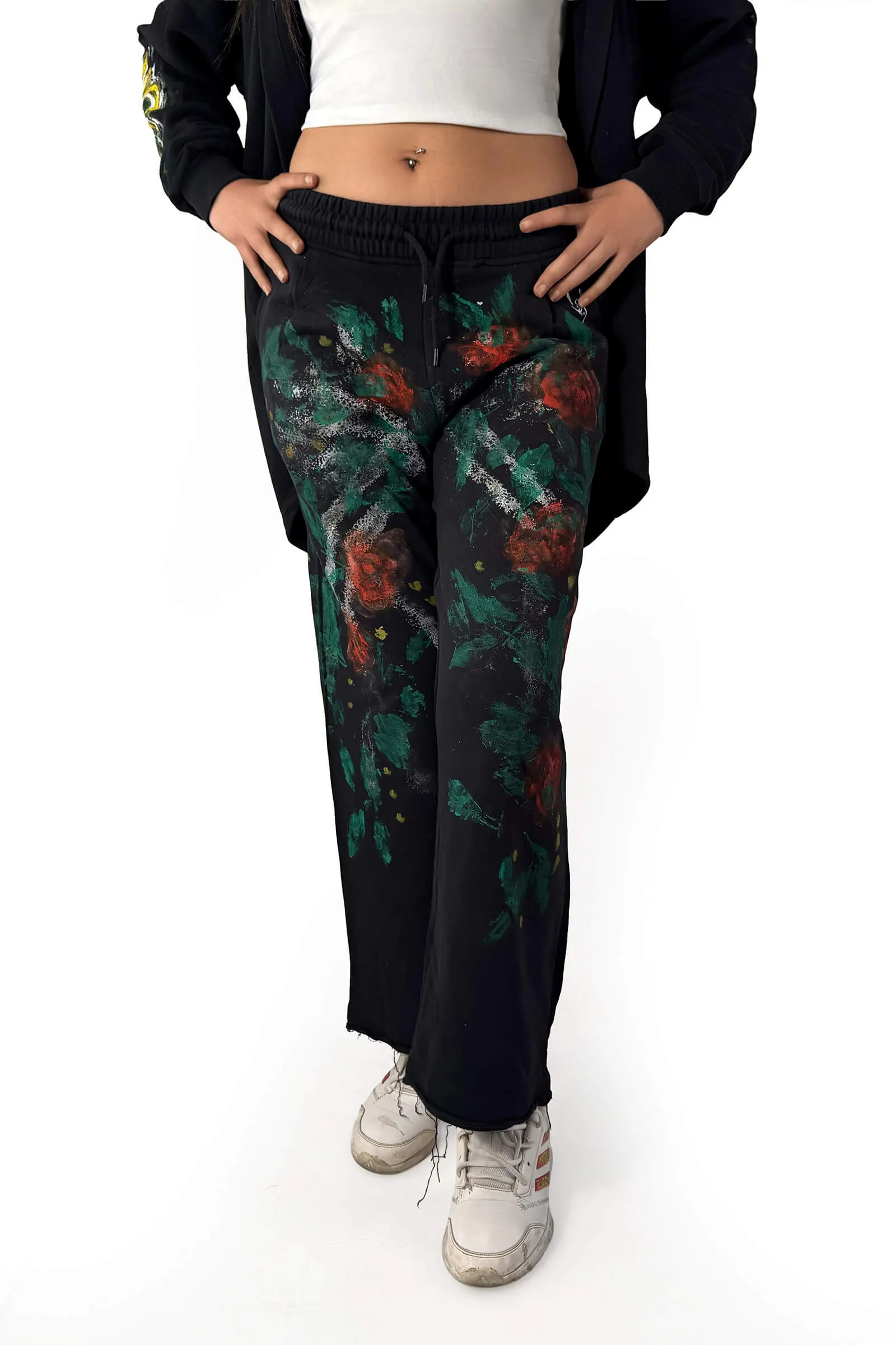 Midnight Rose Hand-Painted Wide-Leg Pants