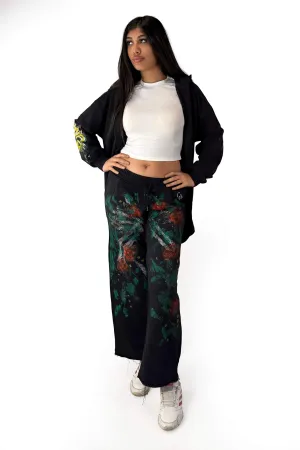 Midnight Rose Hand-Painted Wide-Leg Pants