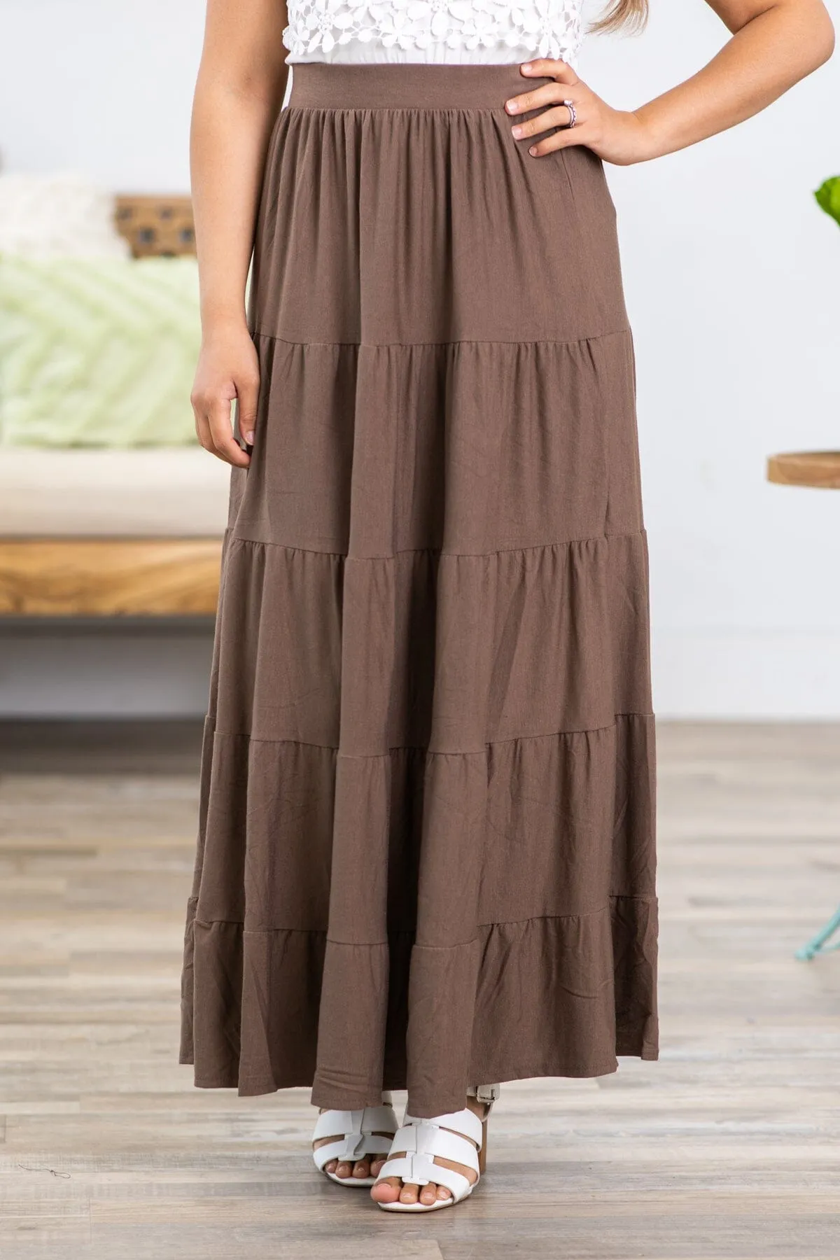 Mocha Tiered Pull On Maxi Skirt