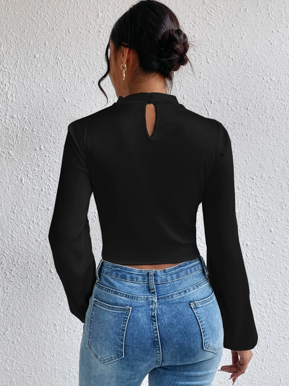 Mock Neck Lantern Sleeve Silk Crop top( CLEARANCE SALE