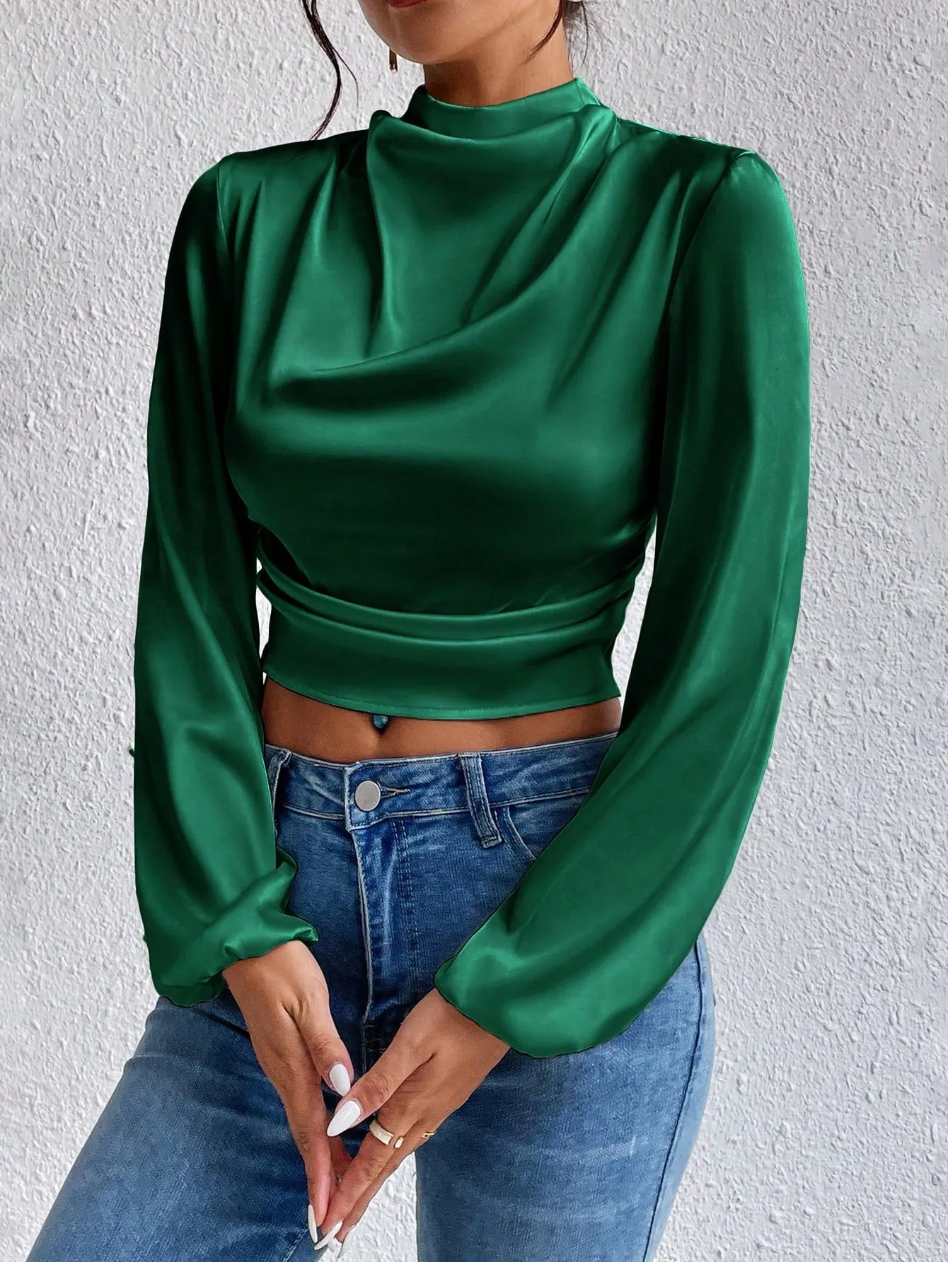 Mock Neck Lantern Sleeve Silk Crop top( CLEARANCE SALE