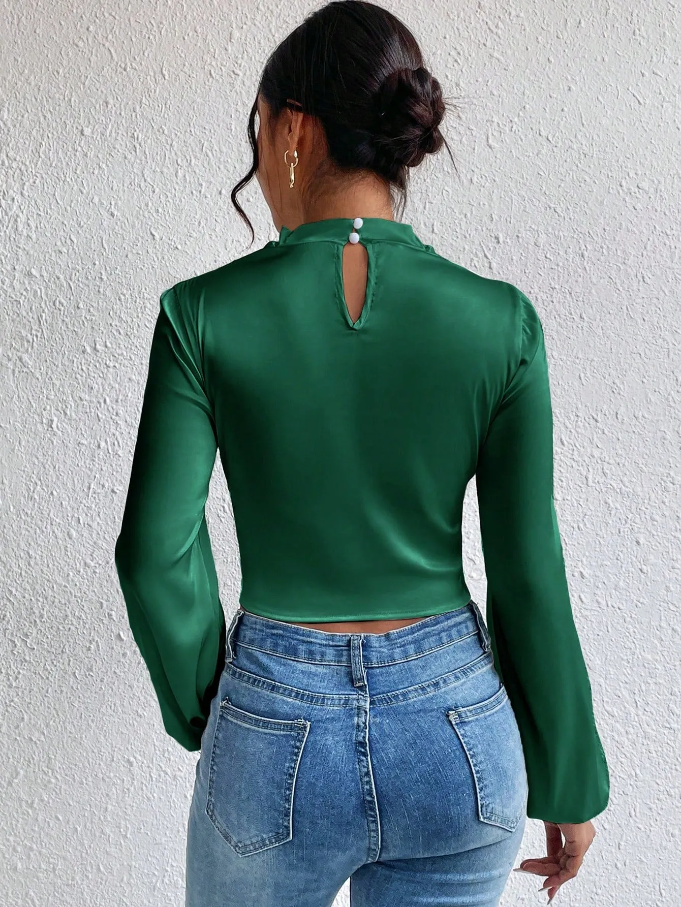 Mock Neck Lantern Sleeve Silk Crop top( CLEARANCE SALE