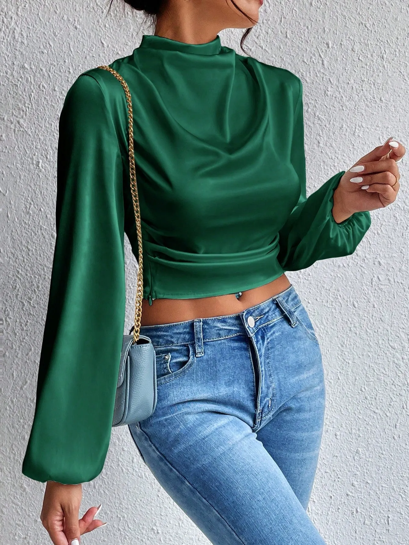 Mock Neck Lantern Sleeve Silk Crop top( CLEARANCE SALE