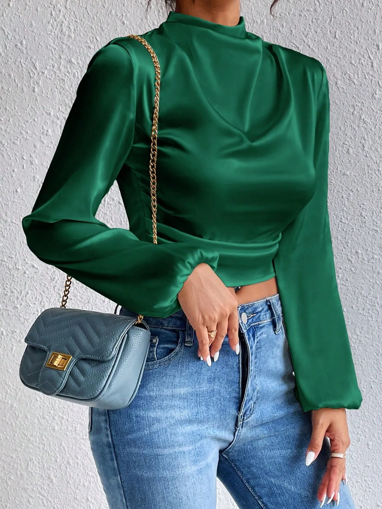 Mock Neck Lantern Sleeve Silk Crop top( CLEARANCE SALE