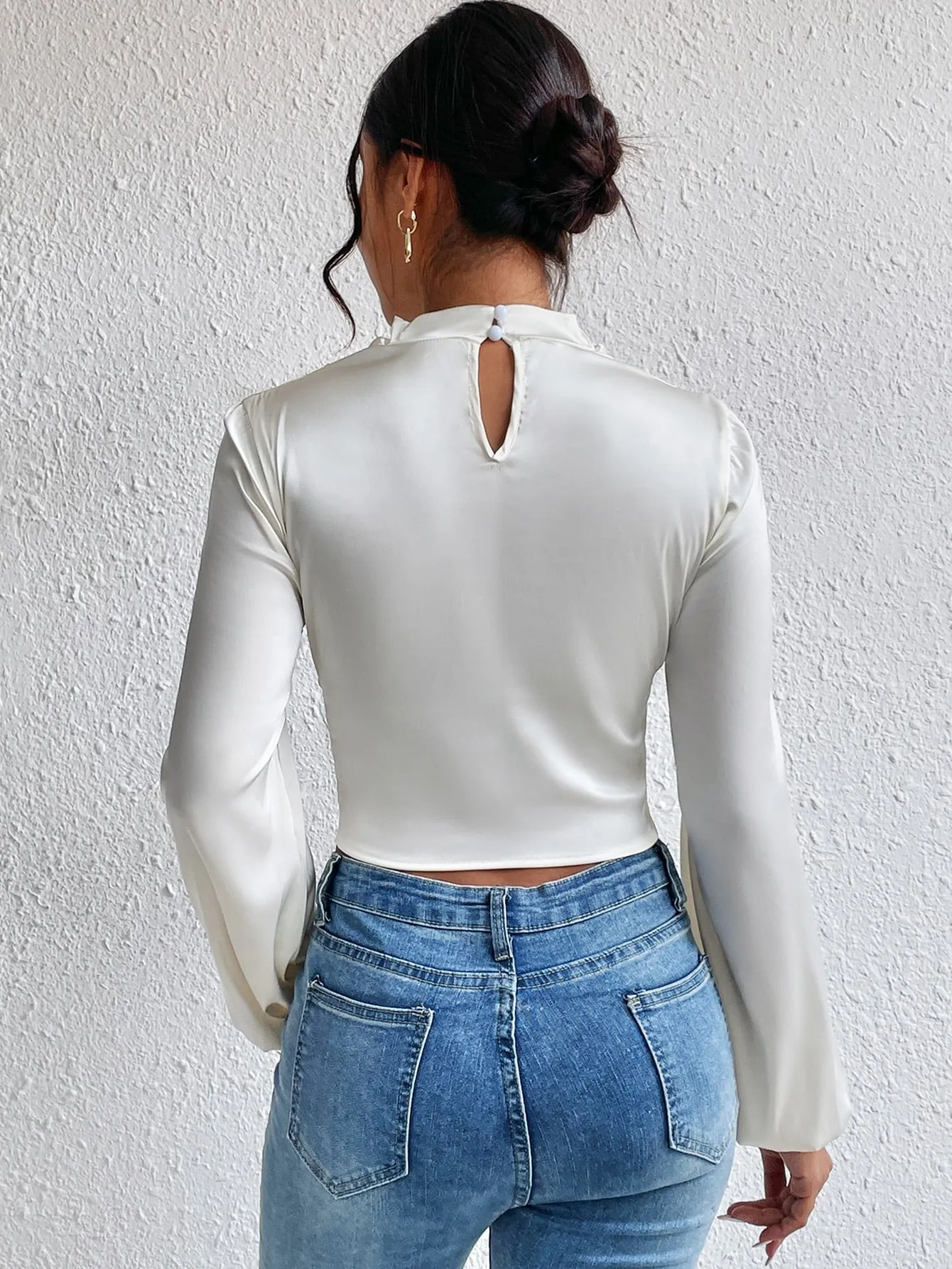 Mock Neck Lantern Sleeve Silk Crop top( CLEARANCE SALE