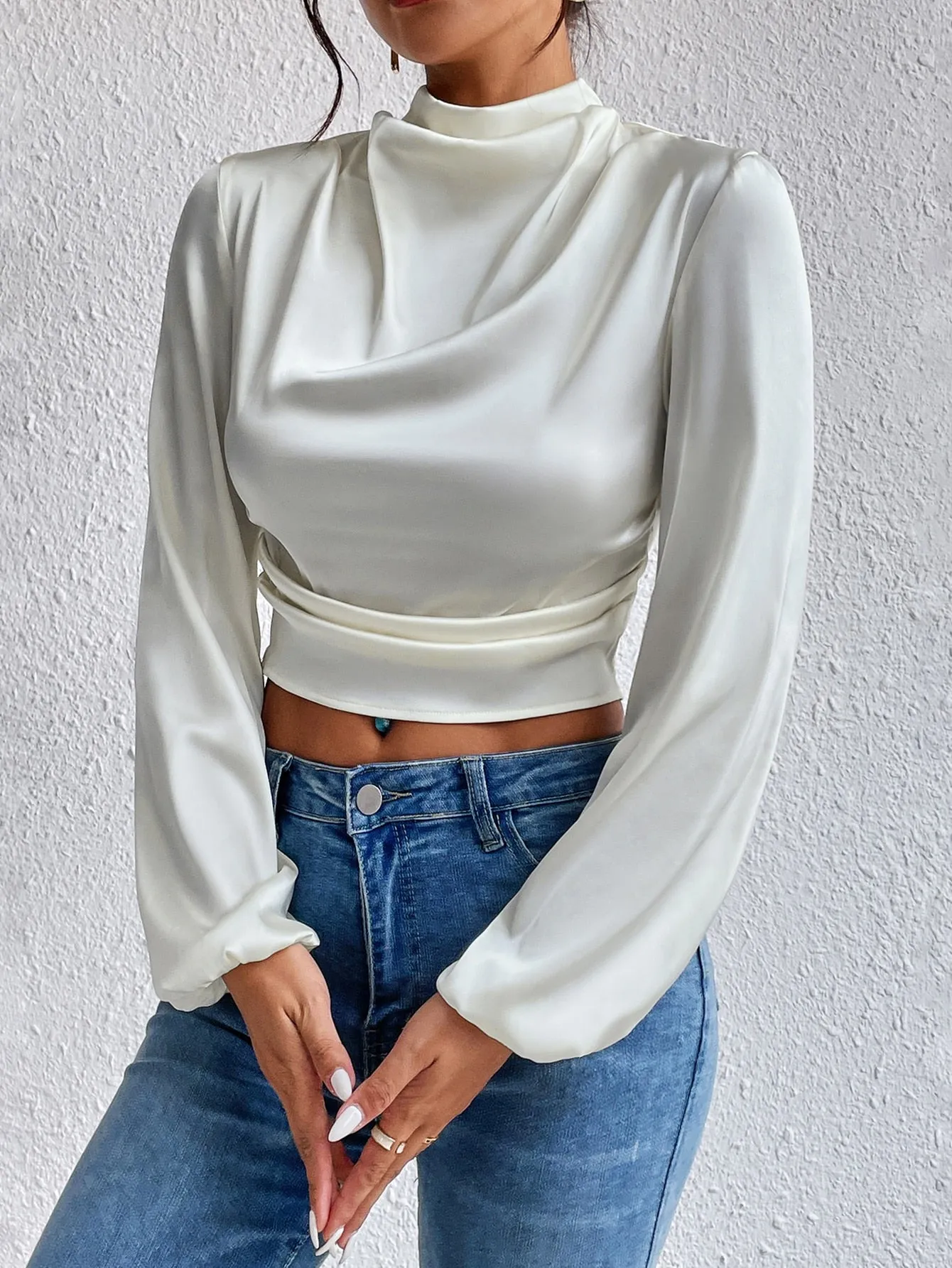 Mock Neck Lantern Sleeve Silk Crop top( CLEARANCE SALE