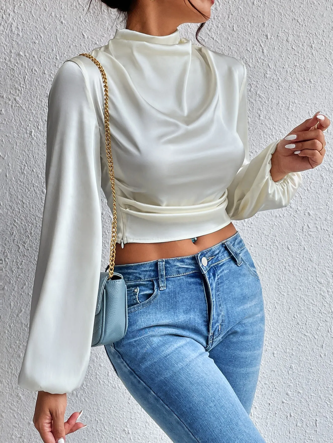 Mock Neck Lantern Sleeve Silk Crop top( CLEARANCE SALE