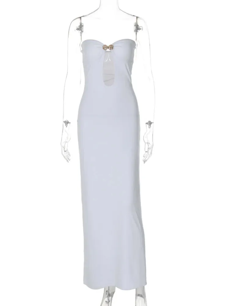 Mozision Metal Button Strapless Bodycon Midi Dress
