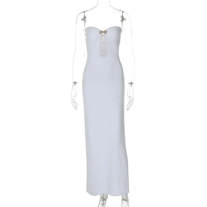 Mozision Metal Button Strapless Bodycon Midi Dress