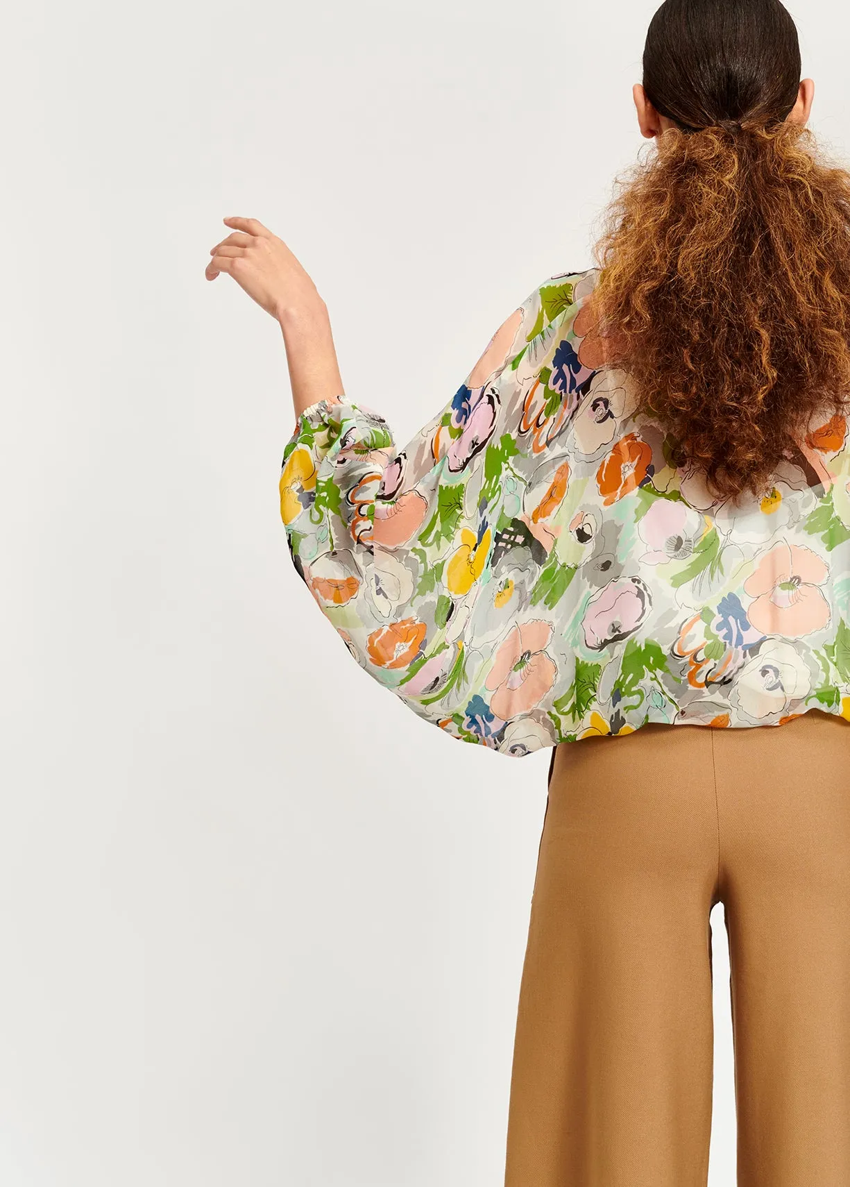 Multicolor floral sheer drawstring blouse