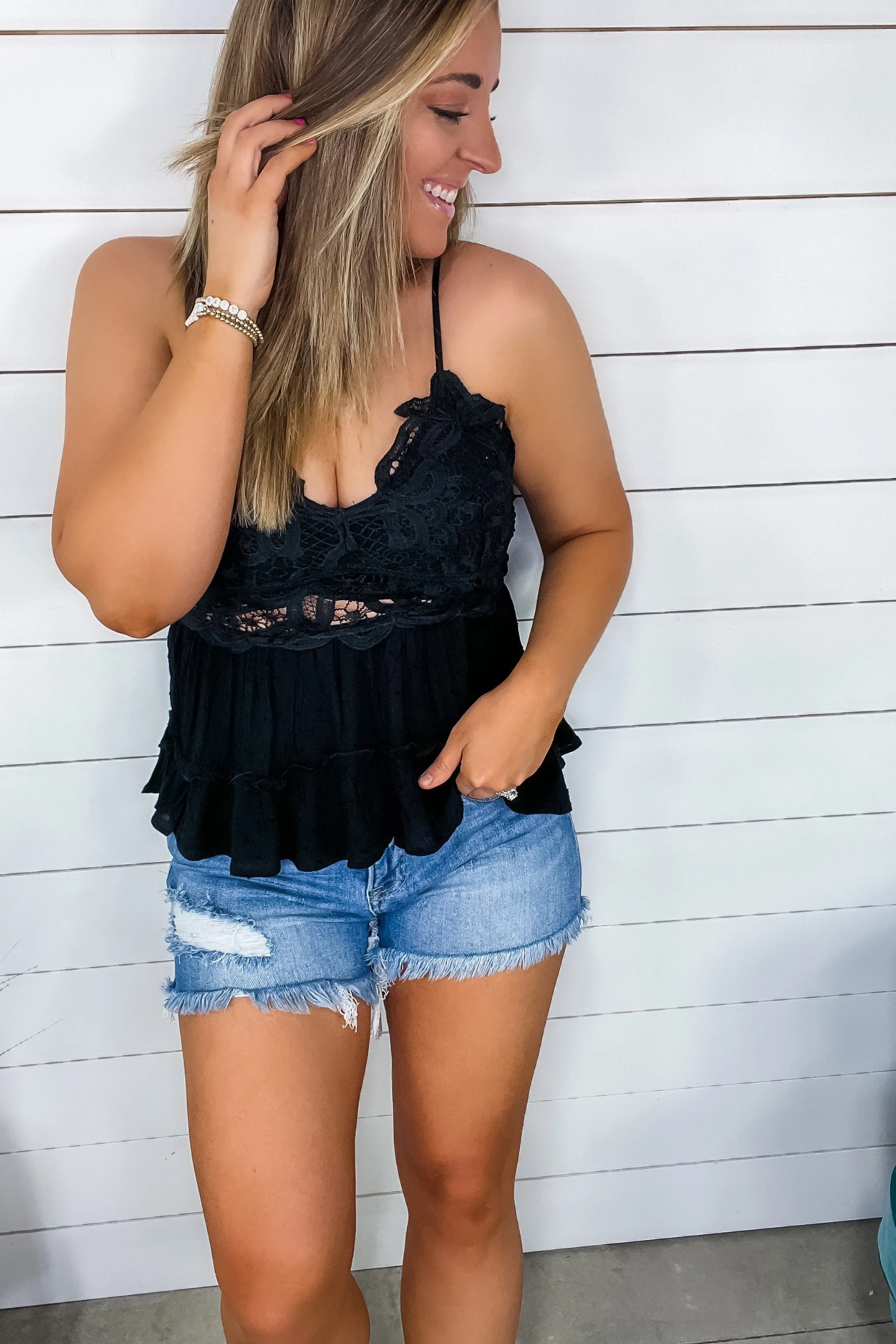My Best Side- {Lt. Blue, Red, Black & Sage} Lace & Swiss Dot Tiered Bralette Tank
