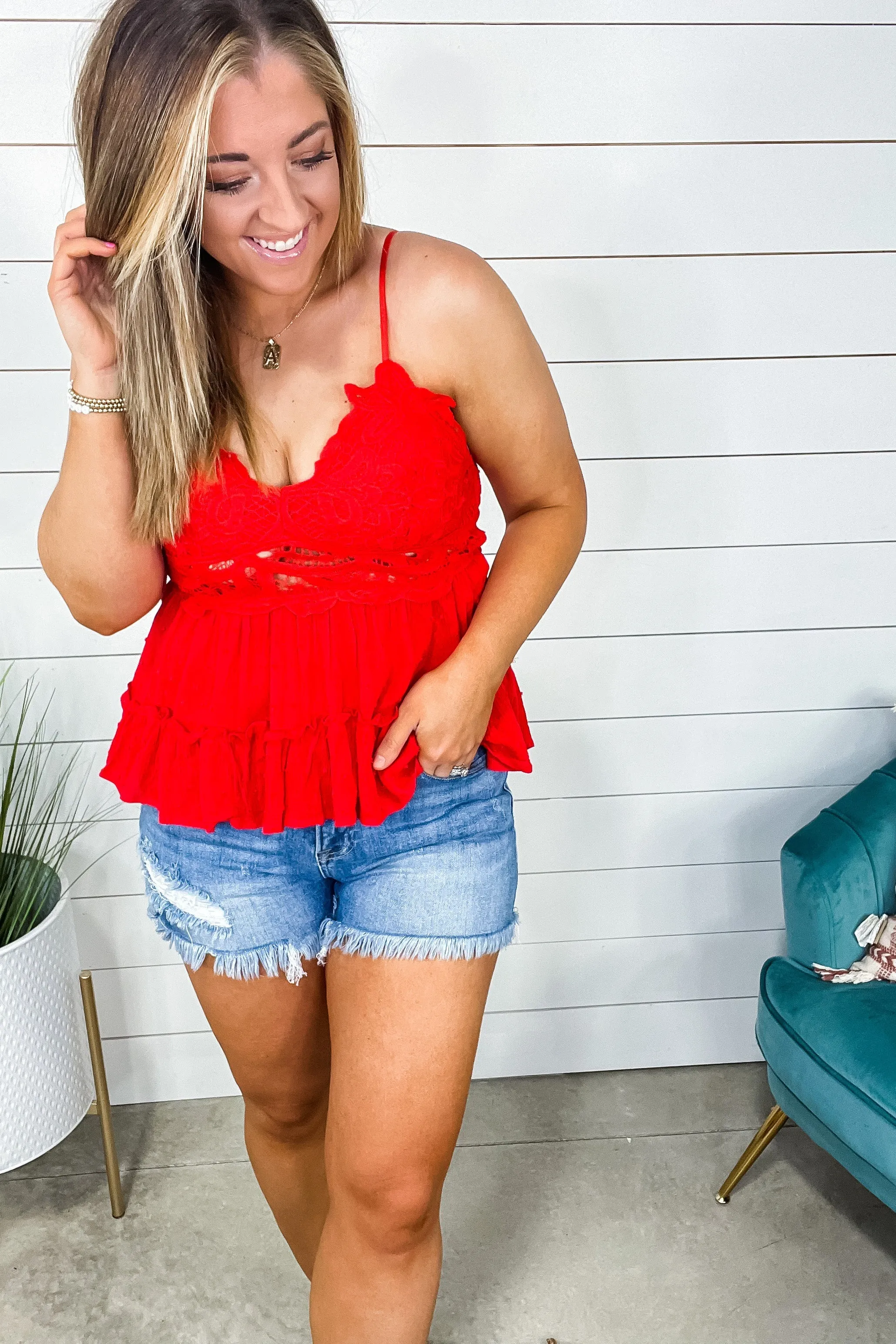 My Best Side- {Lt. Blue, Red, Black & Sage} Lace & Swiss Dot Tiered Bralette Tank