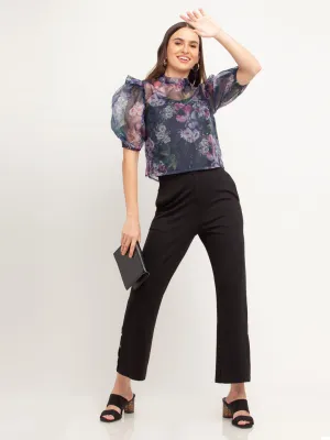 Navy Blue Printed Puff Sleeve Top