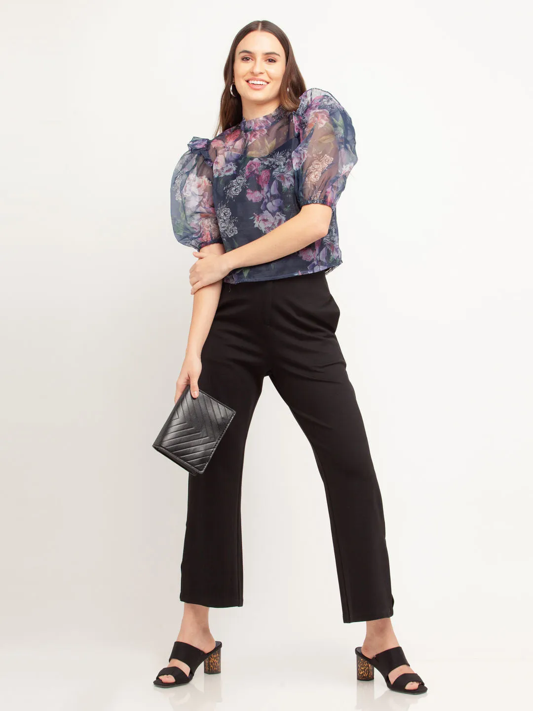 Navy Blue Printed Puff Sleeve Top