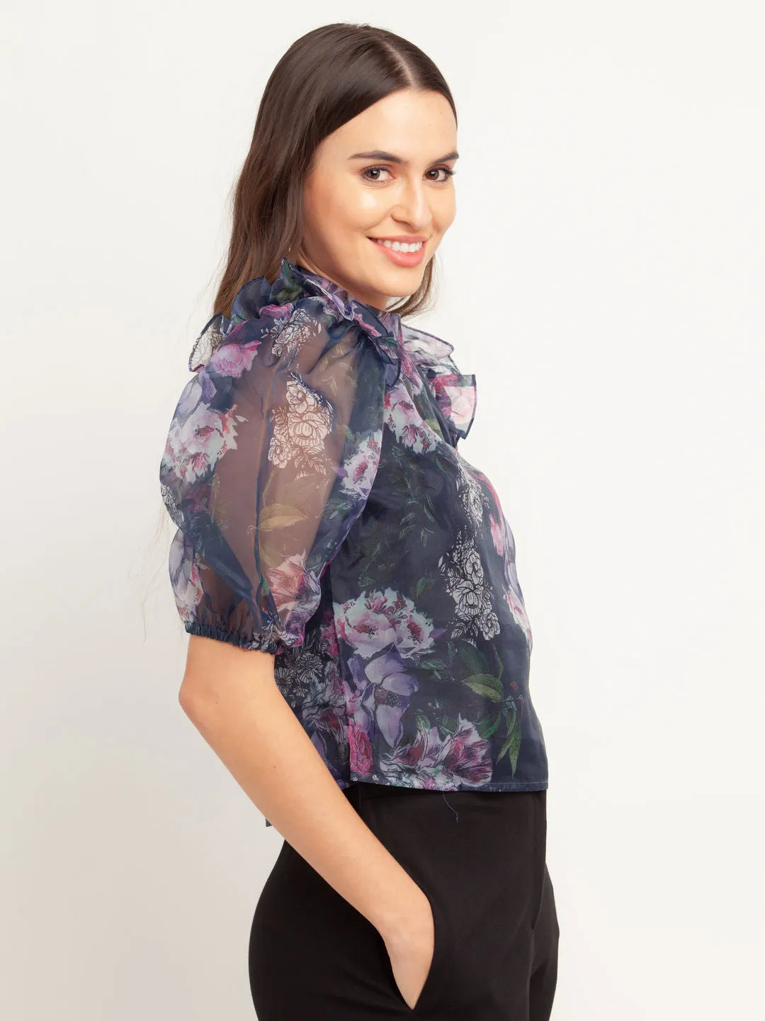 Navy Blue Printed Puff Sleeve Top