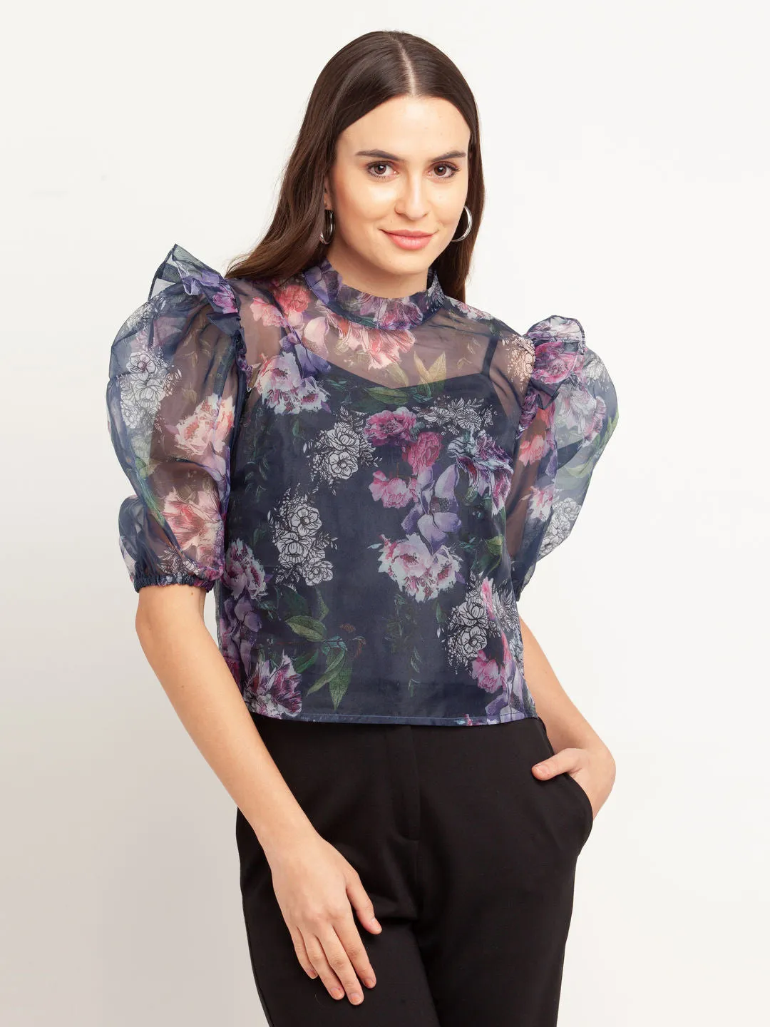 Navy Blue Printed Puff Sleeve Top