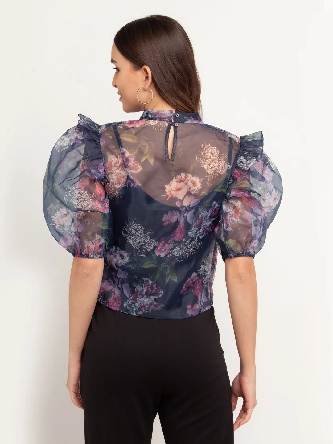 Navy Blue Printed Puff Sleeve Top