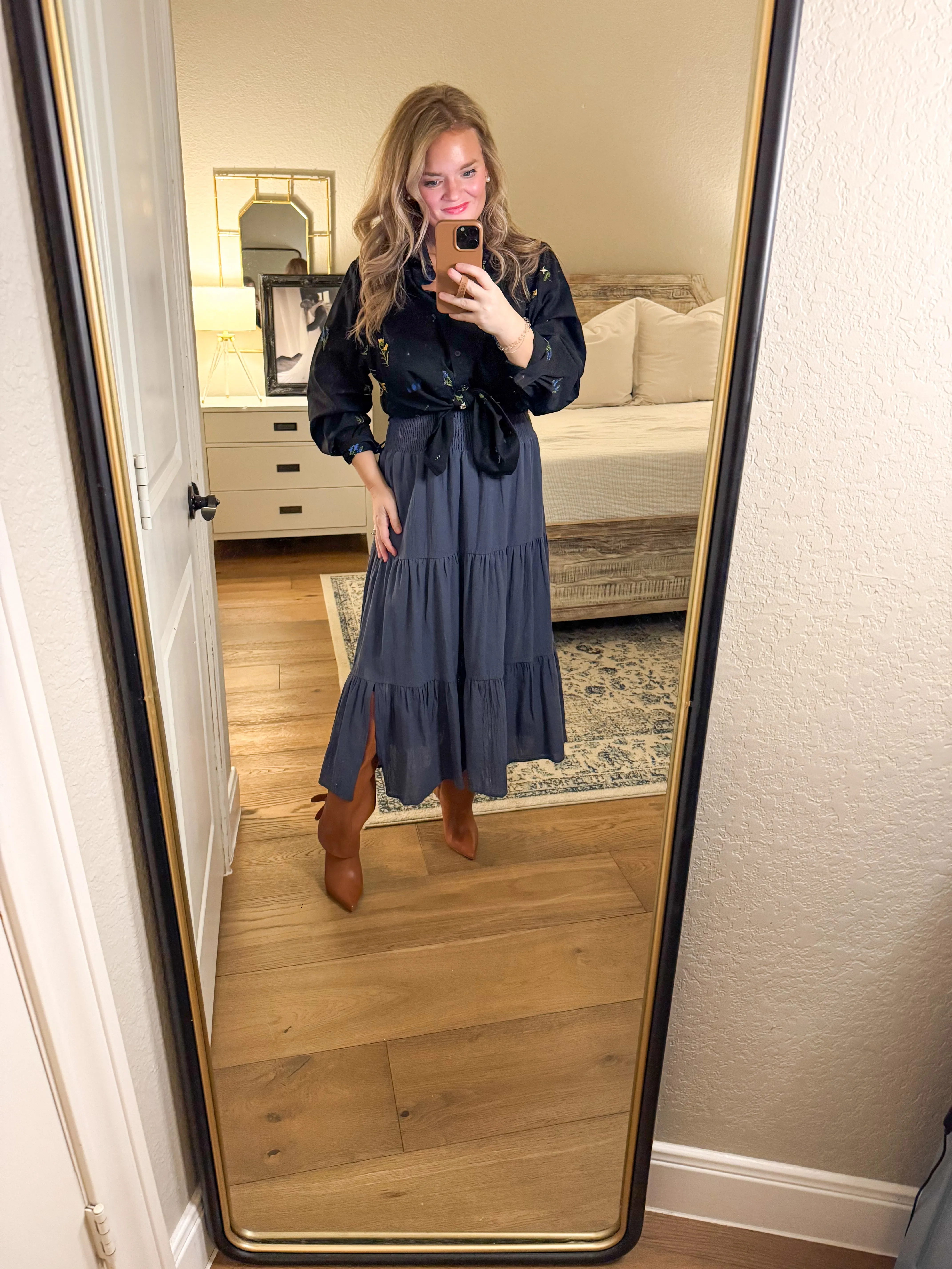 Navy Cotton Midi Skirt